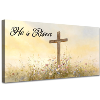 Large He Is Risen Canvas Wall Art, Religious Cross and Spring Flowers Canvas Prints, Inspirational Easter Christian Wall Decor Poster, Ready to Hang Christian Home Decoration Picture Artwork, 24×48 Inches