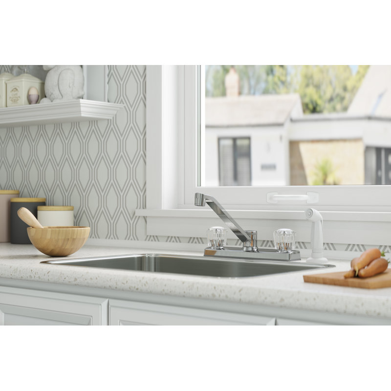 Pfirst Series 2-Handle Kitchen Faucet with White Side Spray in Polished Chrome