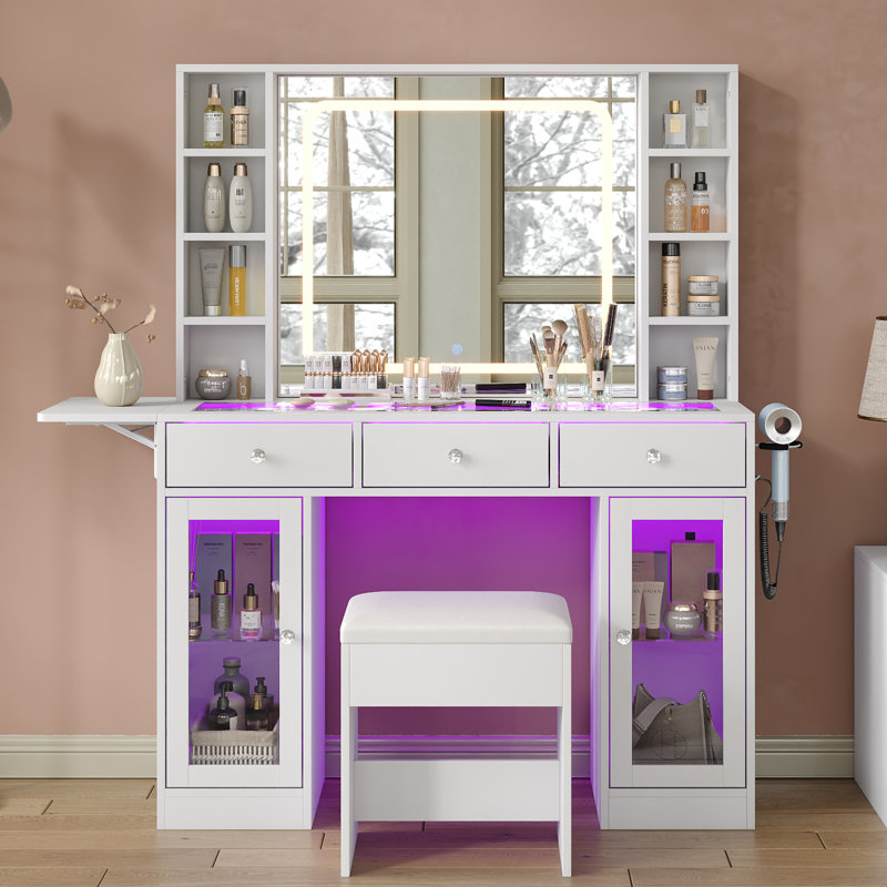 Makeup Vanity With Led Mirror & Rgb Lighted, Charging Station, 3 Drawers And 2 Glass Cabinets, Glass Top Vanity Set With Fold-Up Panel