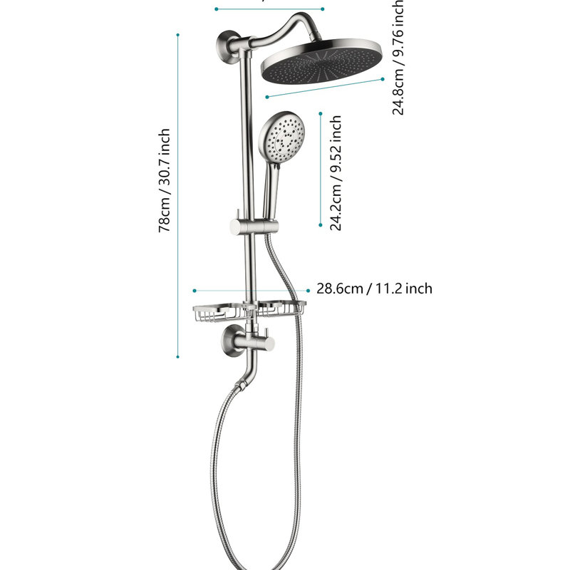 Shower Compilation Incorporating 10" Rainfall Showerhead, 4 Hand Shower, Adjustable Slide Bar And Soap Dish In Brushed Nickel With