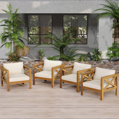 Set of 4 Acacia Wood Club Armchairs with Waterproof Cushions – Teak Finish