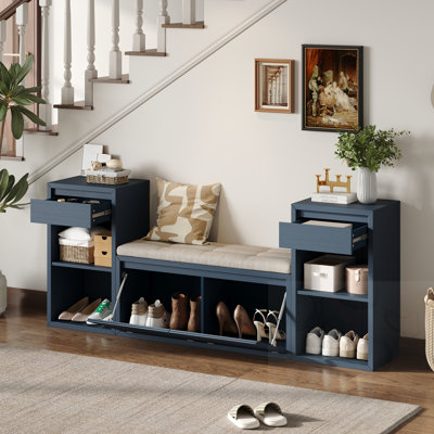 Banc de rangement pour chaussures avec coussin, tiroirs et tablettes ouvertes