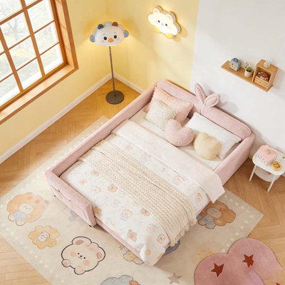 Full Size Upholstered Platform Bed with Cute Rabbit Ear Shaped Headboard