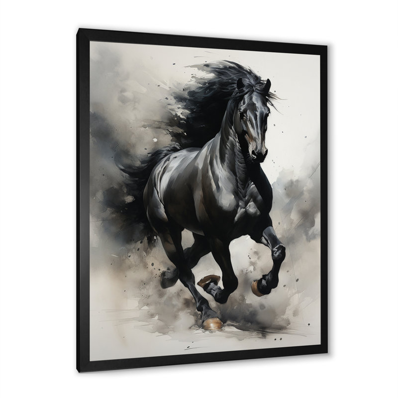 " Black Horse Galopping Ink ", Black Single Picture Framed, 32" H x 24" W x 1" D