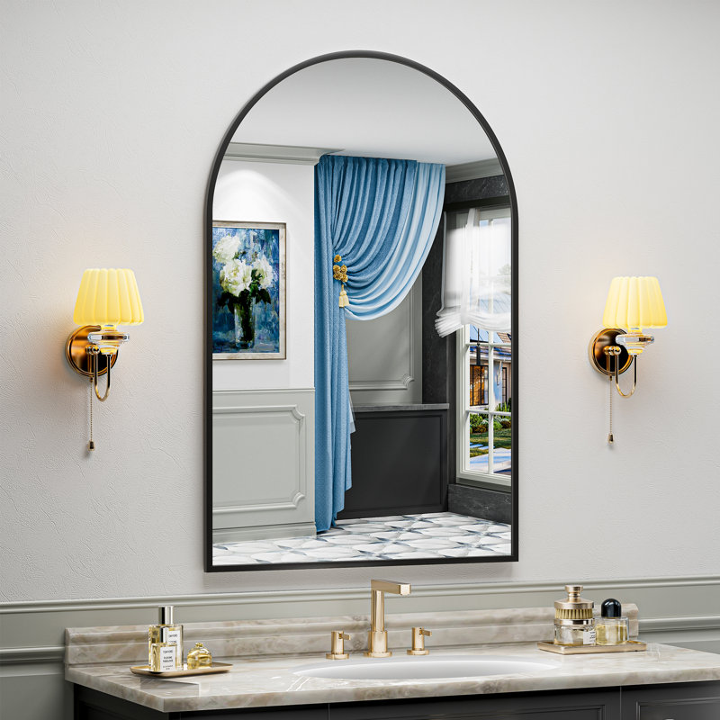 Matte Black Arch Vanity Mirror with Aluminum Alloy Frame, HD Tempered Glass, French Cleat Mounted Wall Decor Bathroom Vanity Mirror