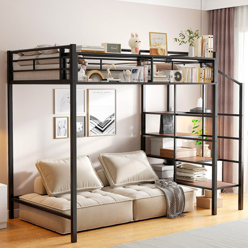 Twin Size Metal Loft Bed with Upper Grid Storage Shelf and Lateral Storage Ladder, Black