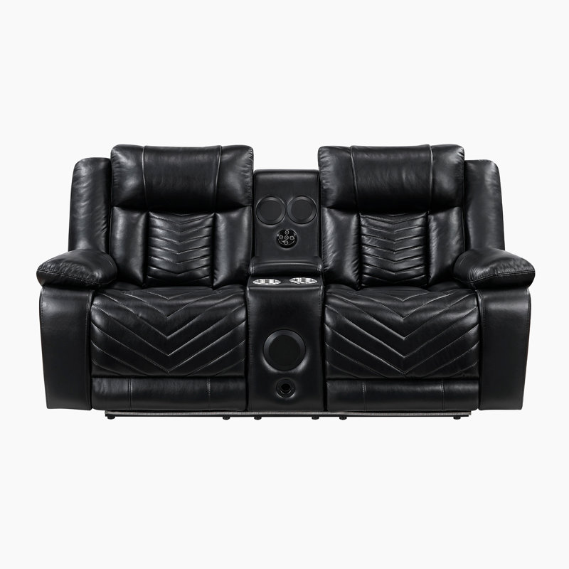 Causeuse inclinable électrique en similicuir de 78 po Marlow avec haut-parleurs sans fil, charge USB, éclairage DEL, porte-gobelets et rangement dissimulé.