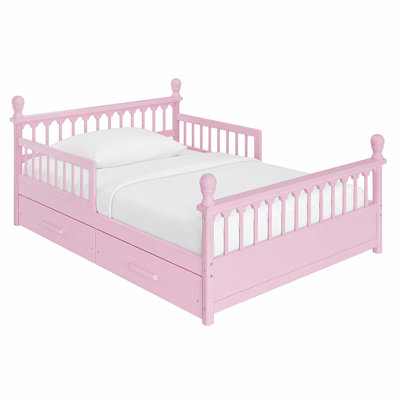 Structure de lit pour enfant avec 2 tiroirs de rangement sous le lit, lit plateforme en bois avec garde-corps de sécurité, conception à profil bas, système de support à lattes robuste, aucun sommier nécessaire