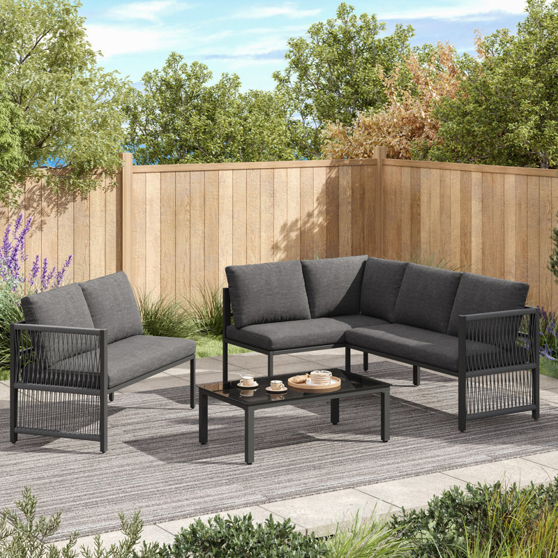 5-6 Seat Modular Outdoor Sofa Set With Glass Table & Polyester Rope