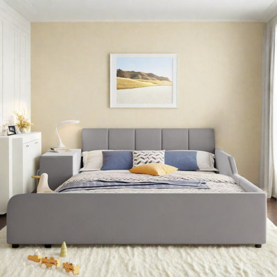 Upholstered Grounded Bed With Bedside Desk And Little Round Stool