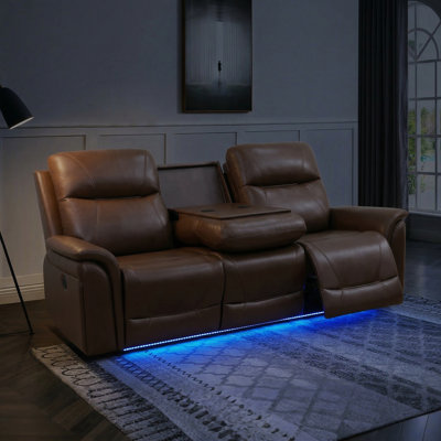 Canapé inclinable en cuir brun 3 places avec lumières DEL, chargement USB et sans fil, table rabattable, siège de cinéma maison réglable, canapé de salon en cuir respirant