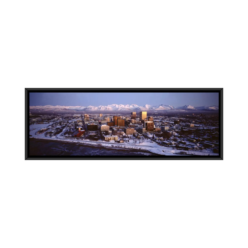 Panoramic Anchorage at the Base of Chugach Mtns AK Photographic Print on Canvas, Black Framed, 12" H x 36" W x 1.5" D