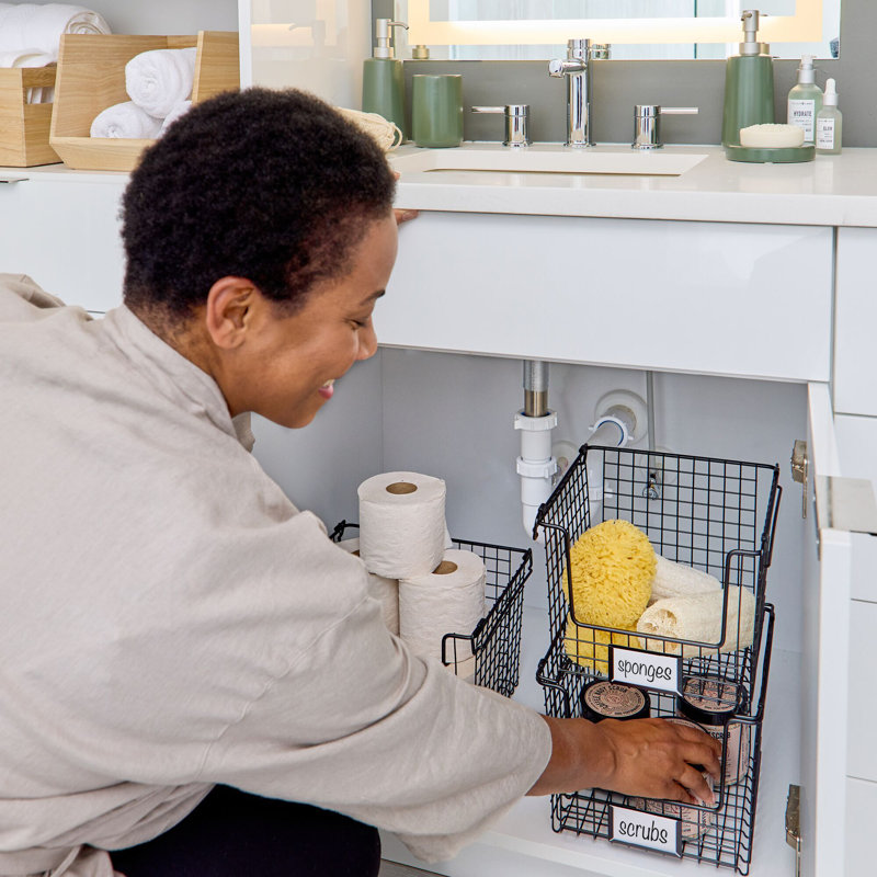 Stackable Wire Pantry Basket with Label Plate - Kitchen Storage Bins with Handles for Fruits and Vegetables