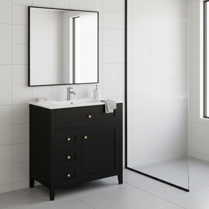 Meuble-lavabo autoportant de 30 po avec lavabo et meuble-lavabo moderne en bois d'hévéa et en bois franc avec 3 tiroirs et une tablette réglable pour beaucoup de rangement et d'organisation