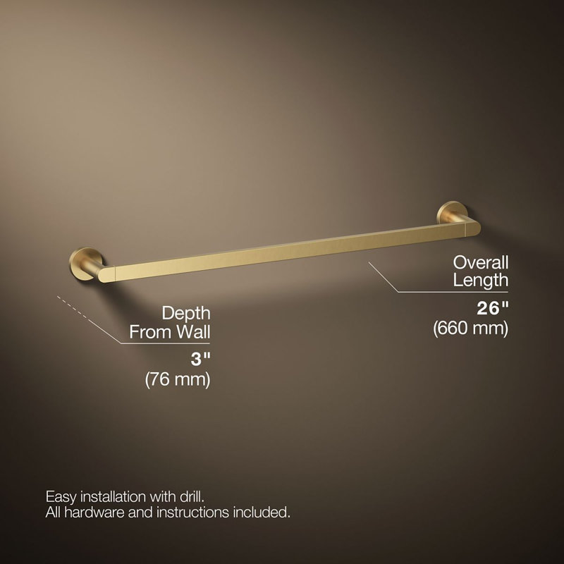 18" Wall Mounted Towel Bar, 24"W, Vibrant Brushed Moderne Brass
