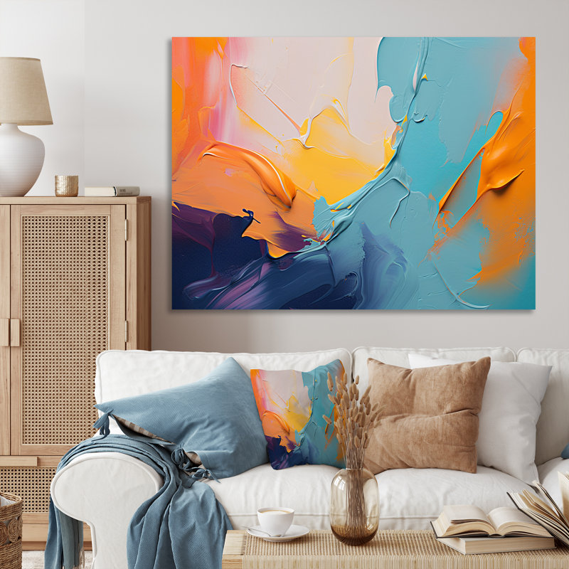 «Blue and Orange Paint Expression 1», art mural abstrait, H 12 po x l 20 po x P 1 po, Toile tendue