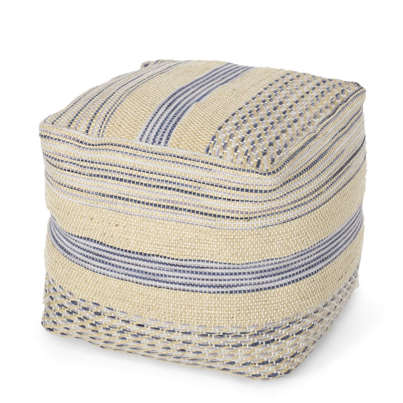 Pouf de style occidental bleu naturel, tissu de chanvre et de laine, 16 po x 16 po, capacité de 200 lb, entièrement assemblé, rempli de granules