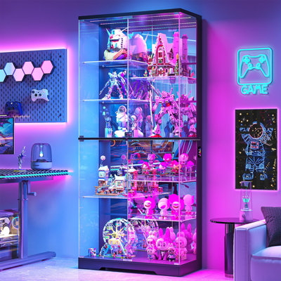 Multi Level Glass Door Display Cabinet, 70.9" Curio Cabinet with RGB Sensor Lights & Lock
