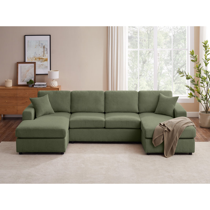 Kujtesa 118.11" W 3-Piece Corduroy U-Shaped Sectional , Olive Corduroy