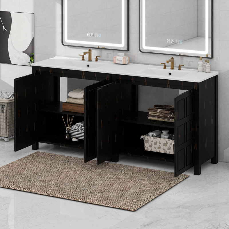 Ensemble de meuble-lavabo 72 po avec lavabos doubles, lavabos doubles en céramique, portes à fermeture douce et tablette réglable