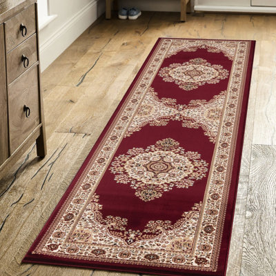 Red 2 Ft. 7 In. X 9 10 Machine-Made Medallion Runner Rug, Traditional Style With Luxury Flair, Polypropylene Construction, Stain And Pet Safe Area Rug Runner, In Classic Design, 100% Pile, For High