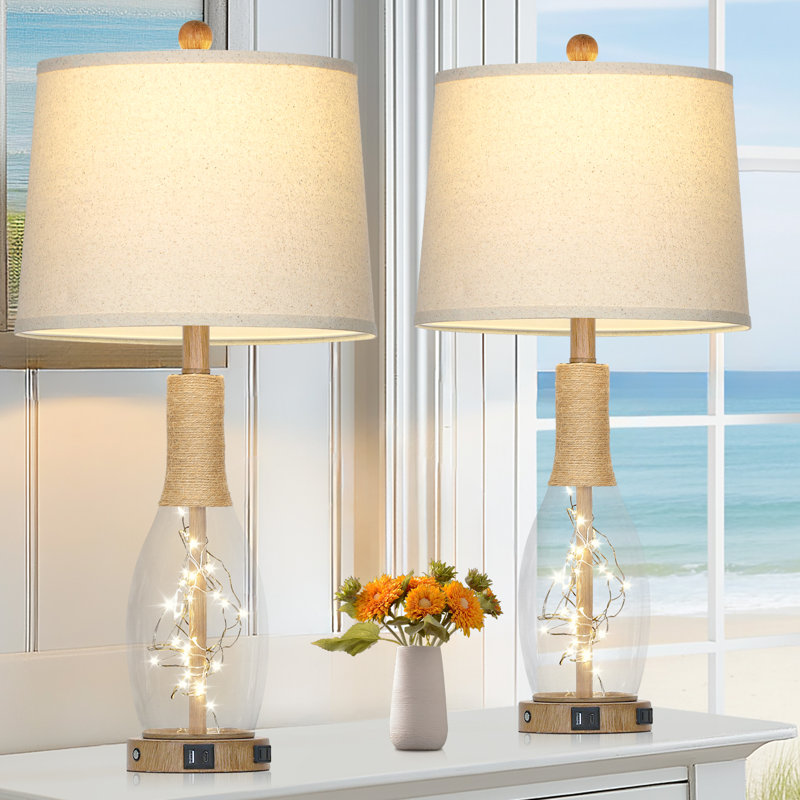 27.5'' Boho Coastal Glass Touch Control Table Lamps with Night Light and USB Ports, Brown