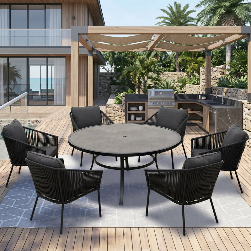 7-Piece Outdoor Dining Set with Wood-Grain Finish, All-Weather Wicker & Weather-Resistant Cushions