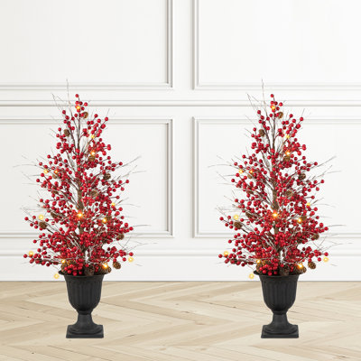 Set Of 2 36"H Christmas Lighted Berry And Pine Cone Urn Porch Tree, 20 Warm White Lights With Timer