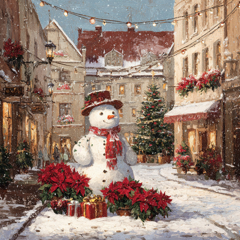 «Town Square Snowman», art mural sur toile tendue, H 40 po x l 40 po