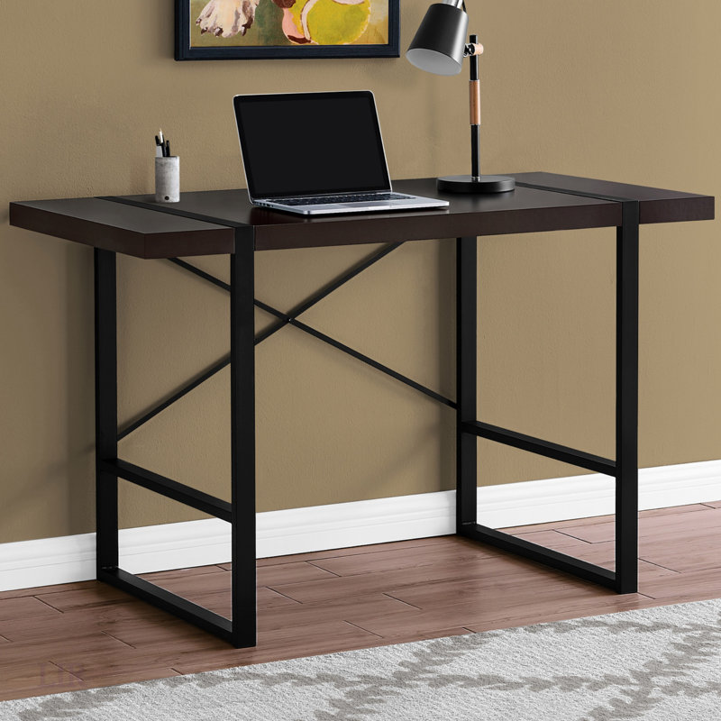 Modern Industrial Computer Desk With Thick-Panel Desktop, Robust Metal Legs, And X-Shaped Support For Home Office, Espresso