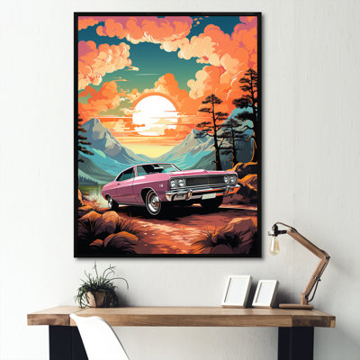 «Pink Classic Muscle Car At Sunset»