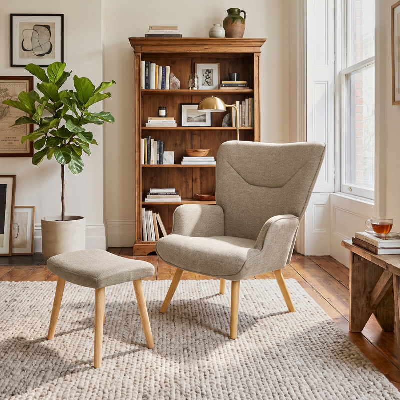 Upholstered Armchair With Footstool, Sand Linen