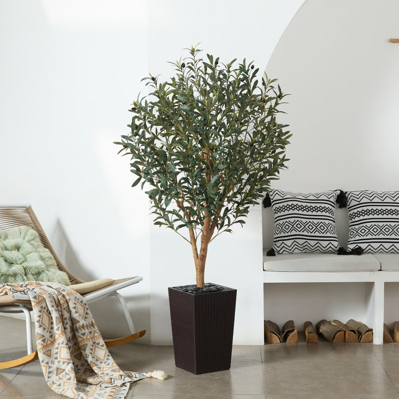 Adcock Artificial Olive Tree with Decorative Pot, UV Resistant Faux Olive Tree with Natural Trunk, Brown