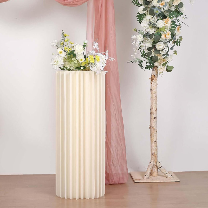 40inch Ivory DIY Accordion Cylinder Cardboard Folding Pillar Pedestal Box, Display Column Stand With Round Top Plate