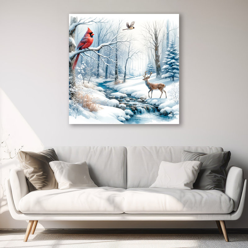 «Crystal Winter: Majestic Deer and Cardinal in Snowy Forest», art mural sur toile, H 40 po x l 40 po x P 1,5 po