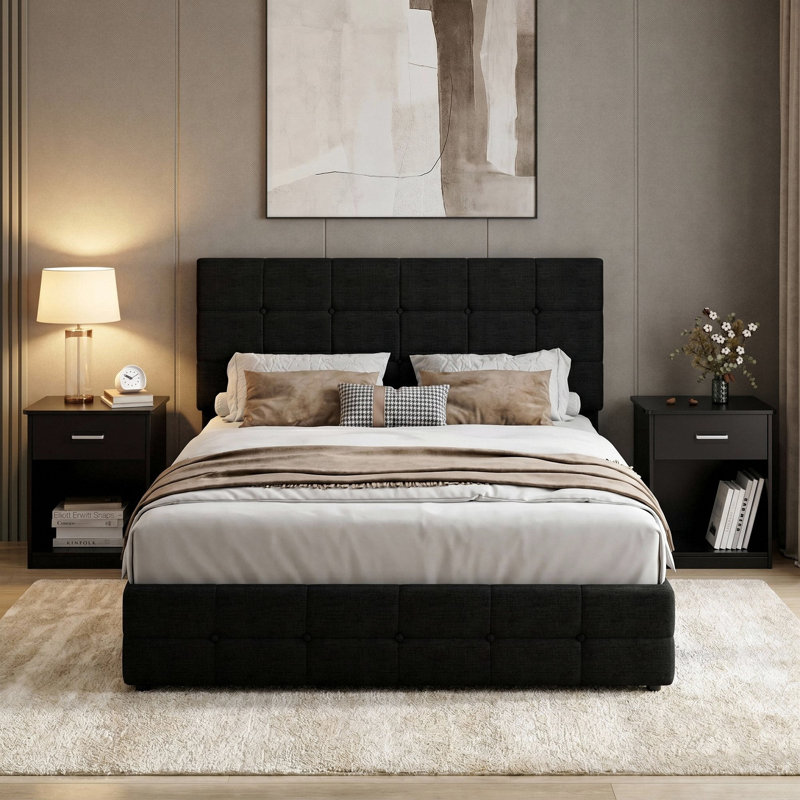 Ensemble de chambre à coucher 3 pièces, lit plateforme avec rangement à 4 tiroirs, 2 tables de chevet, Noir / Noir, Grand
