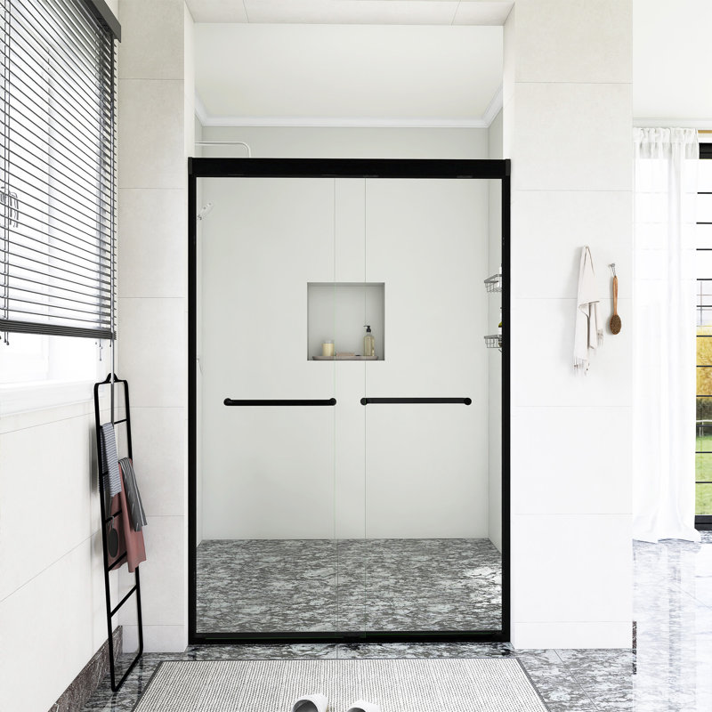 Porte de douche coulissante double l 44 à 48 po x H 72 po avec film antidéflagrant, Noir mat