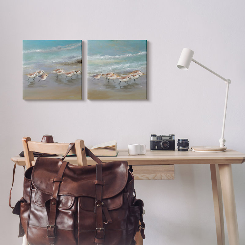 «Sandpipers Flock Summer Beach Sand» par Sally Swatland - ensemble de 2 peintures, H 24 po x l 48 po x P 1,5 po, Toile tendue