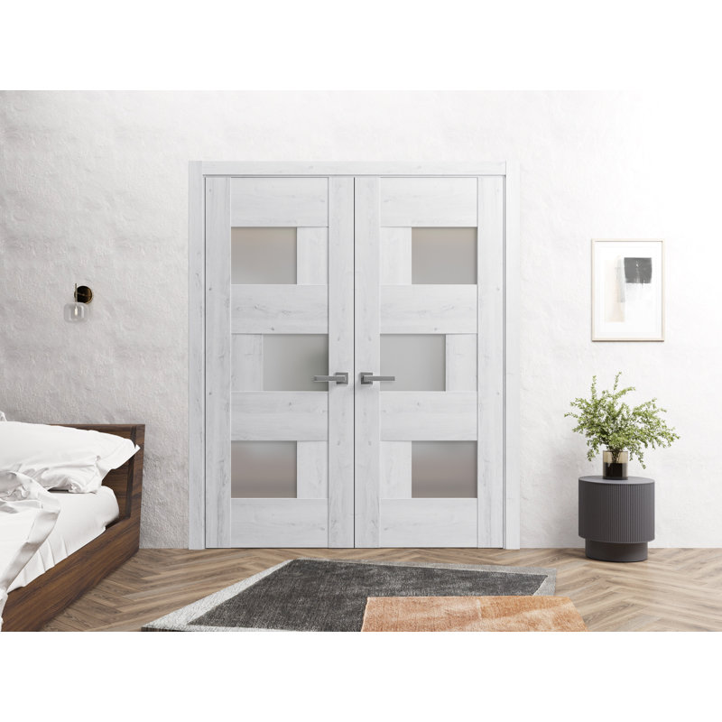 Portes françaises doubles solides | Sete 6933 avec verre givré | Garnitures en bois massif, 56 po x 96 po, Blanc