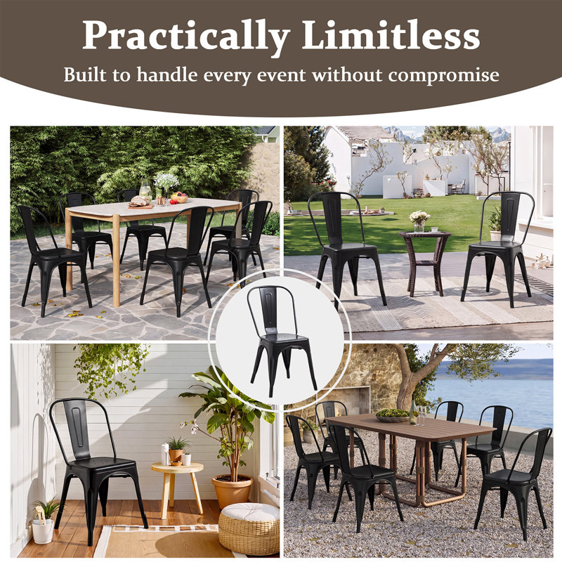 45cm Stackable Black Metal Patio Chairs, Industrial Tolix‑Style Side Chairs for Kitchen Patio Bistro