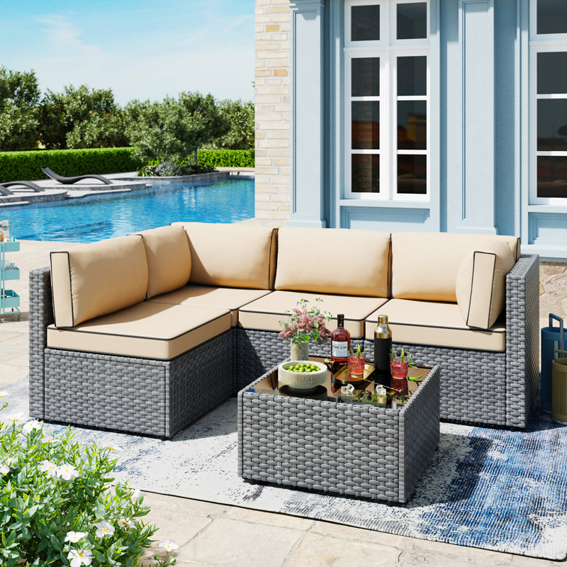 Proa 5-Piece Outdoor Rattan Patio Furniture Set, Khaki