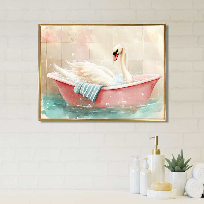 Bulles de bain rosées - Tableau encadré Cygne, H 30 po x l 40 po, Cadre flottant doré