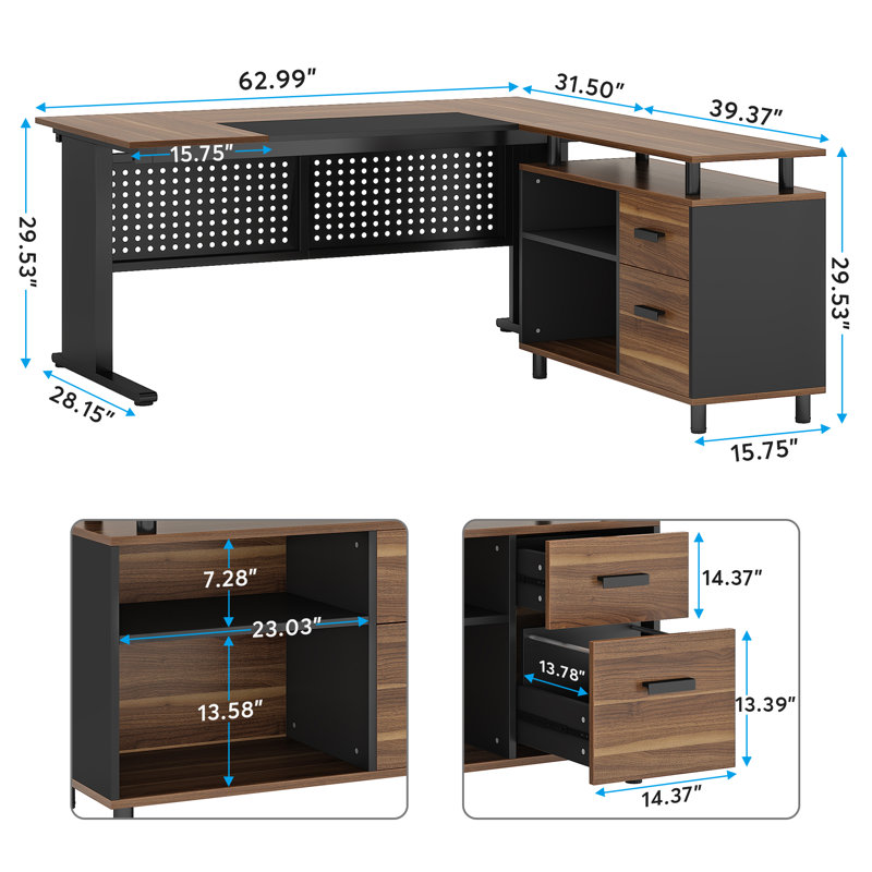 Ottovile Modular L-Shaped Steel Executive Desk, Brown/Dark Gray
