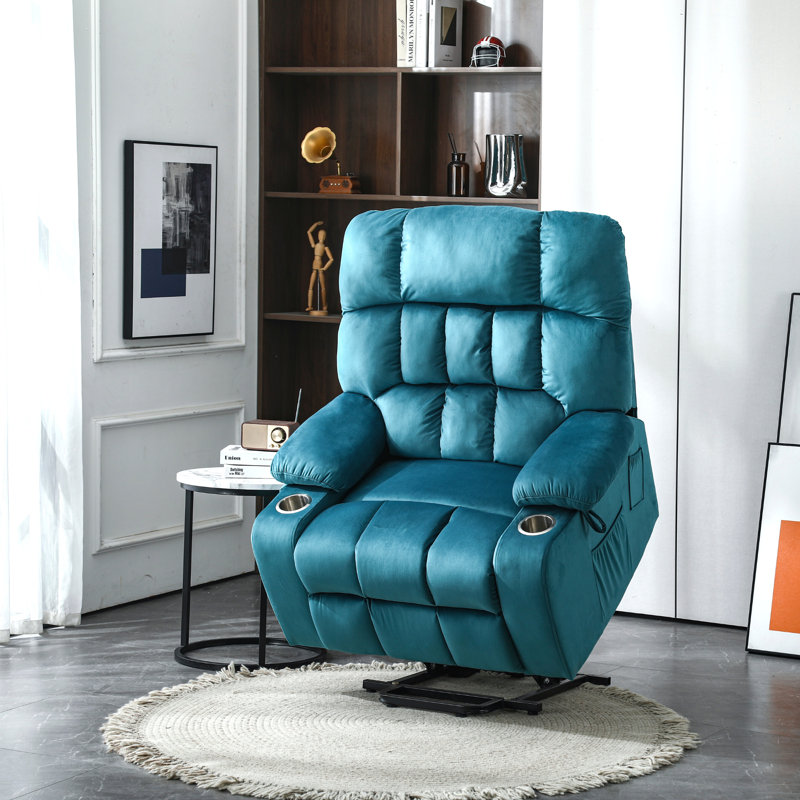 Big Man Recliner in 26-inch Seat Width, Large Power Lift Chair with Heated Massage & Cup Holder, Dark Green Velvet