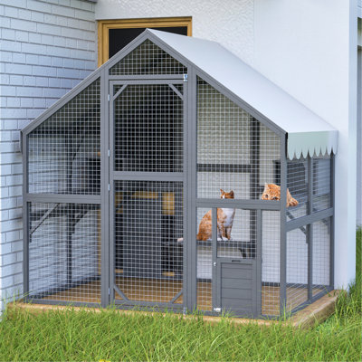 Outdoor Cat Run Enclosure 28Ft - Wooden With Doors, Playpen, Hiding Houses. Gray, Bridges House Luxury 2 Gray