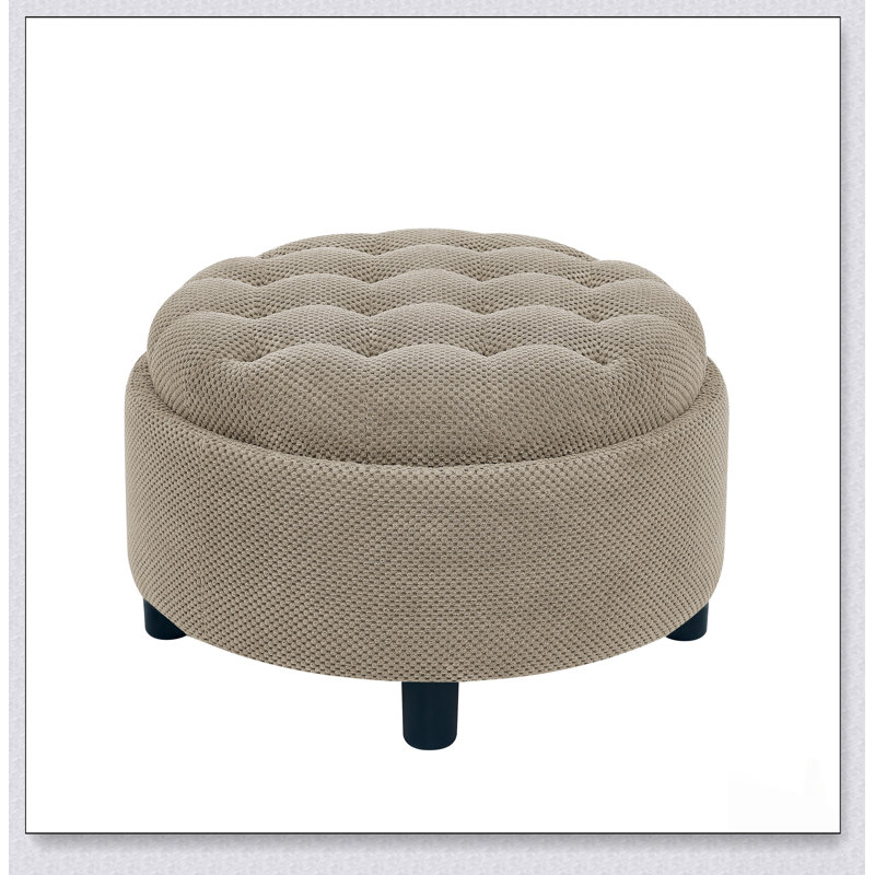 25 Inch Round Storage Ottoman With Tray, Modern Tufted Fabric Circle Coffee Table For Living Room And Bedroom, Camel