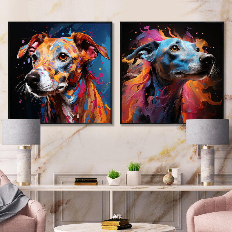 Ensemble de 2 animaux Playfull Dog Whippet Popart - animaux, Cadre flottant noir, H 16 po x l 33 po
