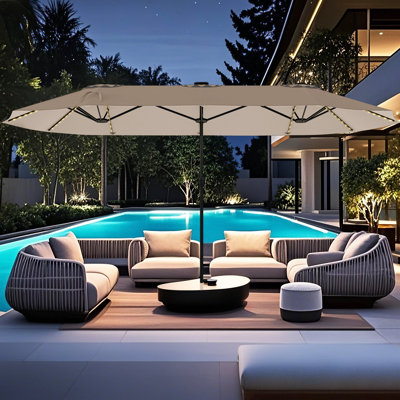15.5 FT Double-sided Patio Umbrella w/ Solar Lights Outdoor Twin Size Umbrella Beige