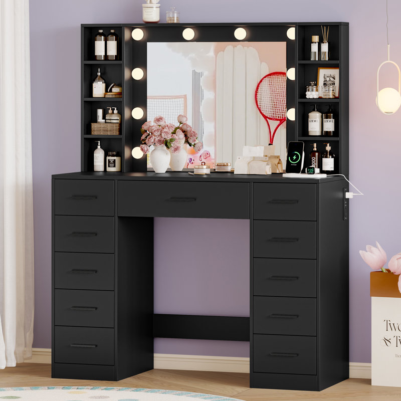 Bureau de coiffeuse avec 11 tiroirs et lumières miroir, grande coiffeuse à maquillage avec 8 tablettes pour la chambre à coucher