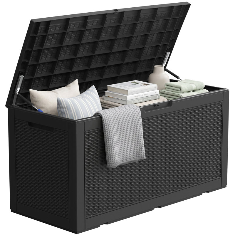 PawsomePad 100 gallons Boîte de rangement extérieure, contenant de terrasse en résine imperméable avec couvercle verrouillable, organisateur de patio pour coussins et outils de jardin, noir
